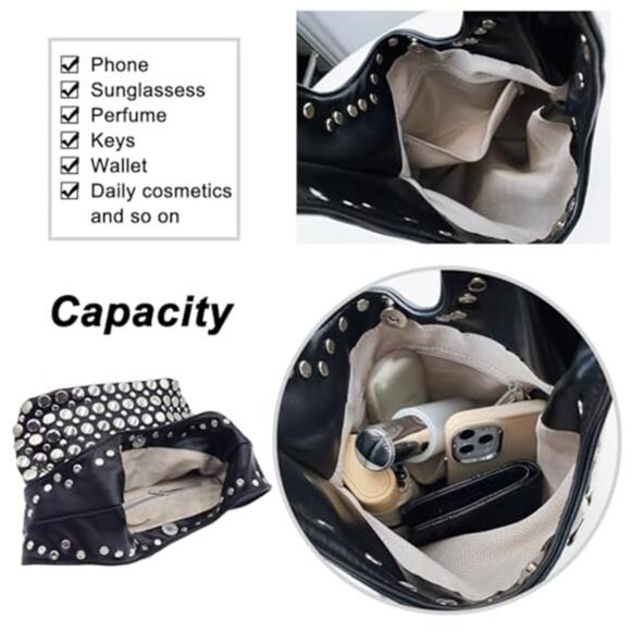 Y2K Hobo Shoulder Bag Punk Studded Top Handle Bag for Women Tote Handbag Black - Picture 6 of 7